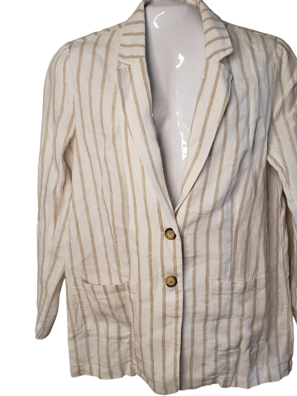 NWT Garnet Hill Women's Striped Linen-Blend Blazer Jacket - Cream & Tan Size M